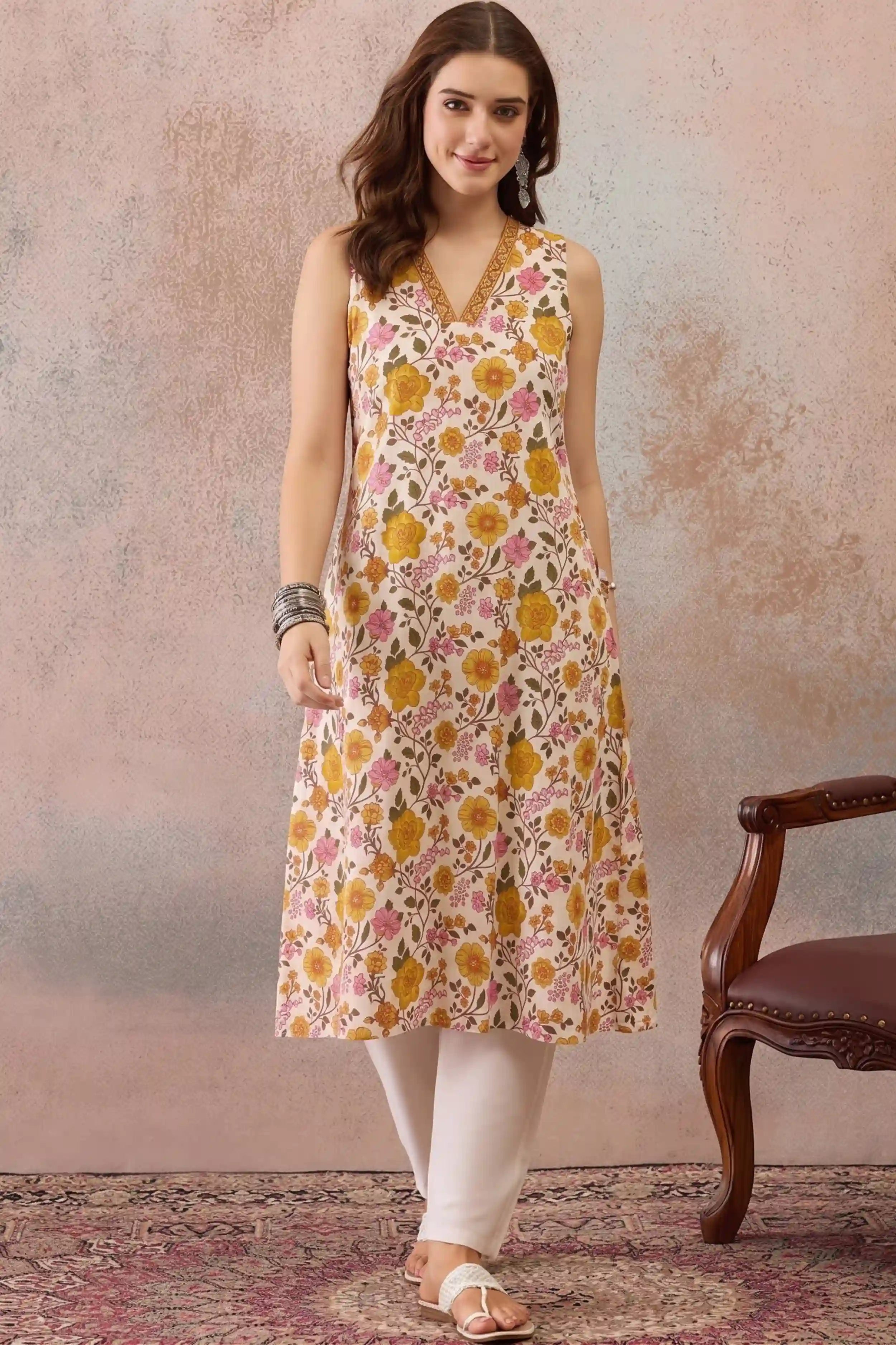 Yellow V-Neck Sleeveless A line kurta With Pocket