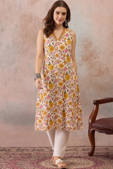 Yellow V-Neck Sleeveless A line kurta With Pocket
