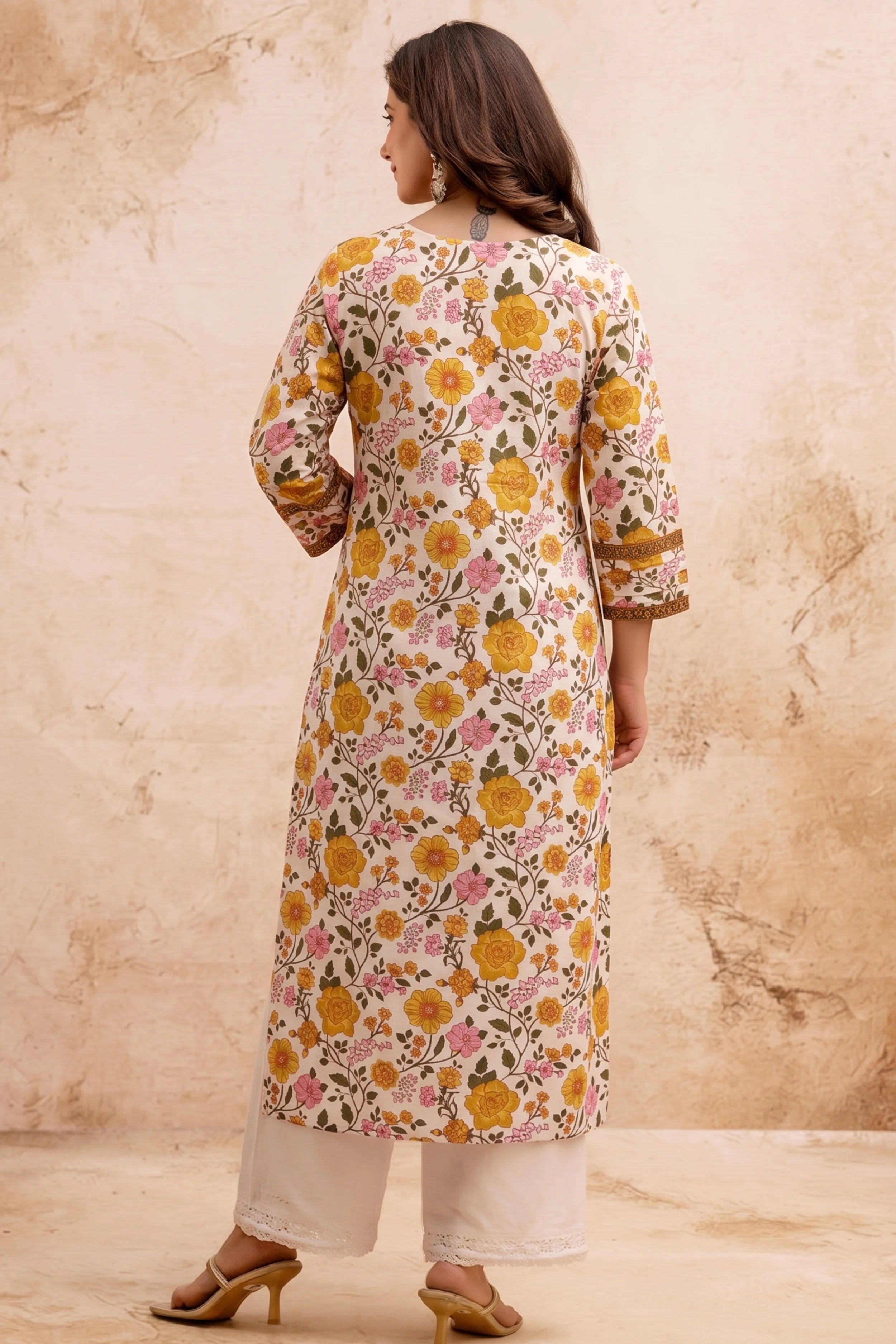 Yellow Floral V-Neck Hand Printed Straight Kurta