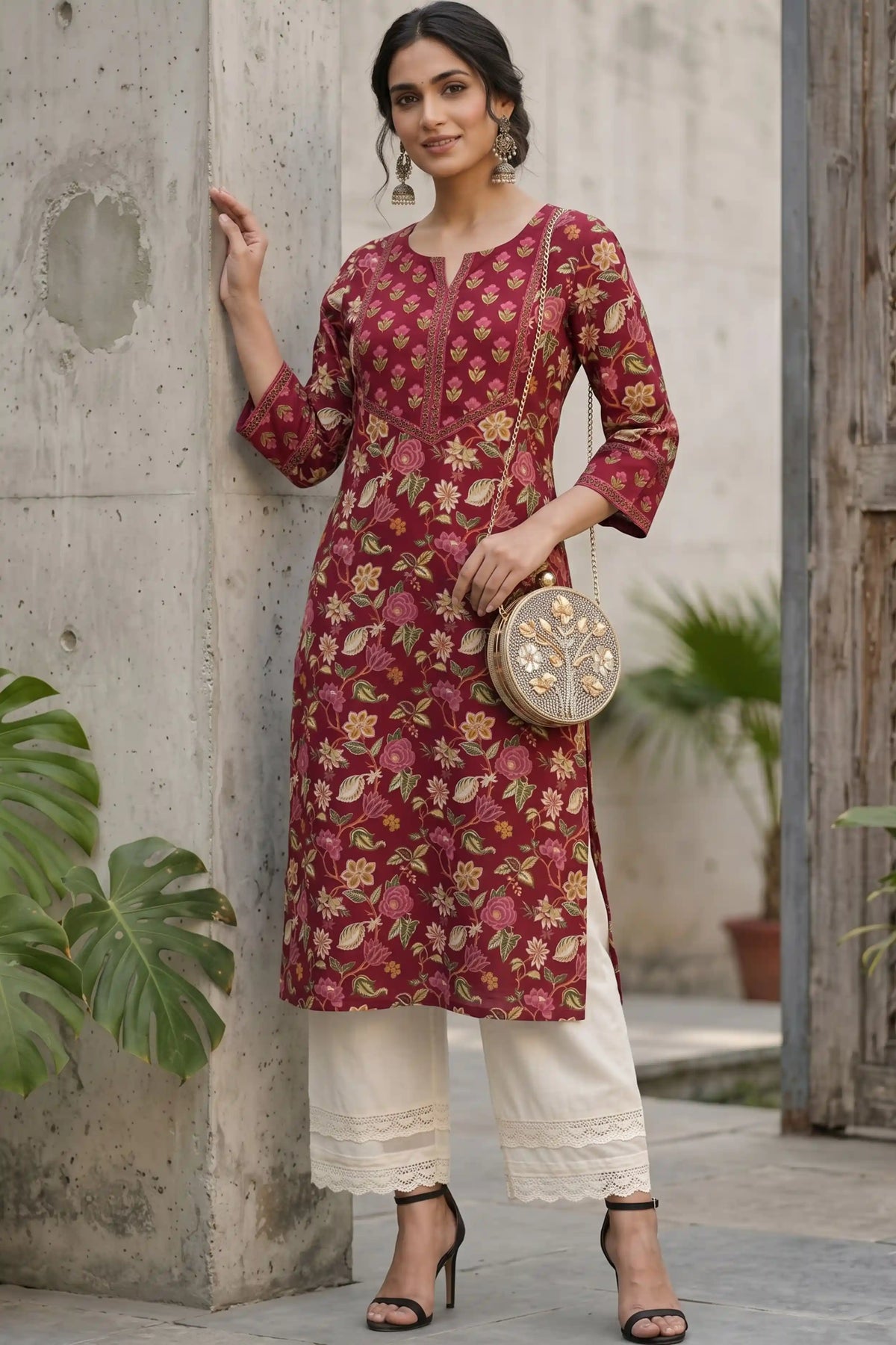 Wine Hand Printed Straight cotton Kurta