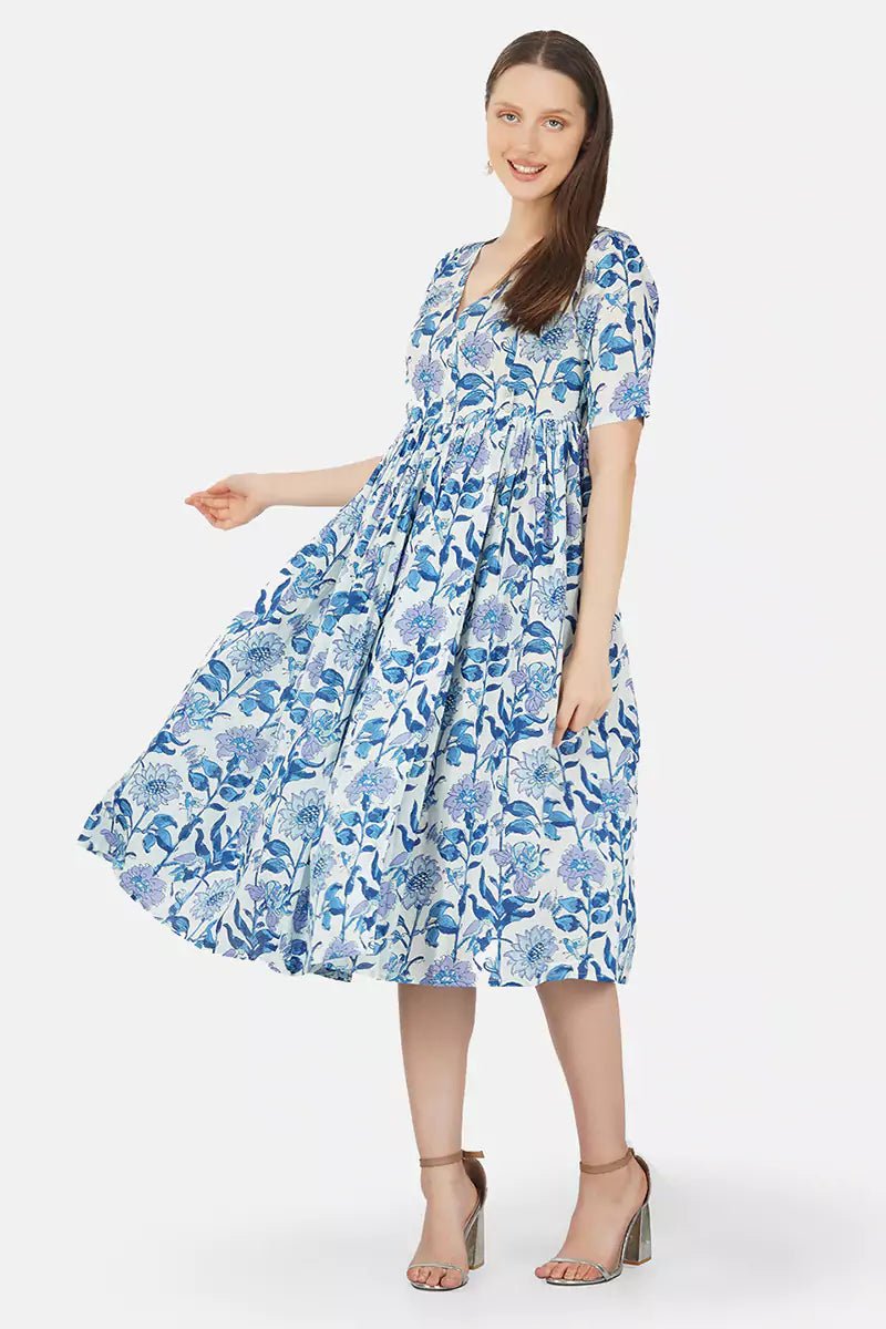 Blue Hand Block Printed V-Neck Dress In Angrakha style