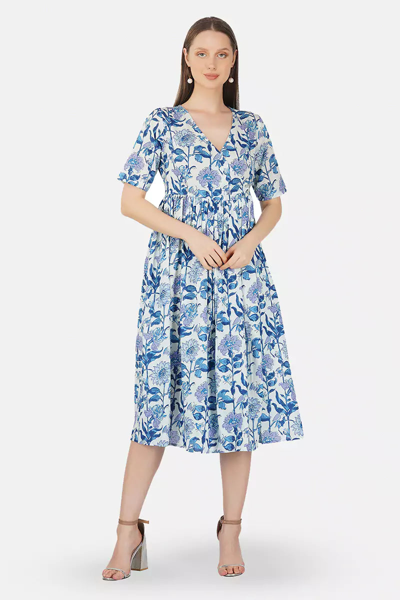 Blue Hand Block Printed V-Neck Dress In Angrakha style
