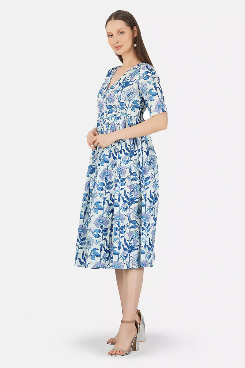 Blue Hand Block Printed V-Neck Dress In Angrakha style