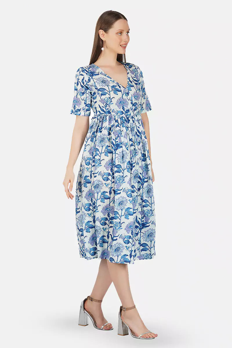 Blue Hand Block Printed V-Neck Dress In Angrakha style