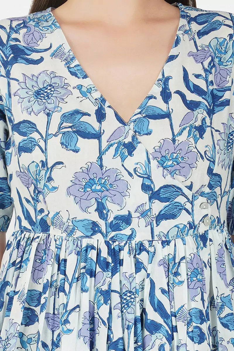 Blue Hand Block Printed V-Neck Dress In Angrakha style
