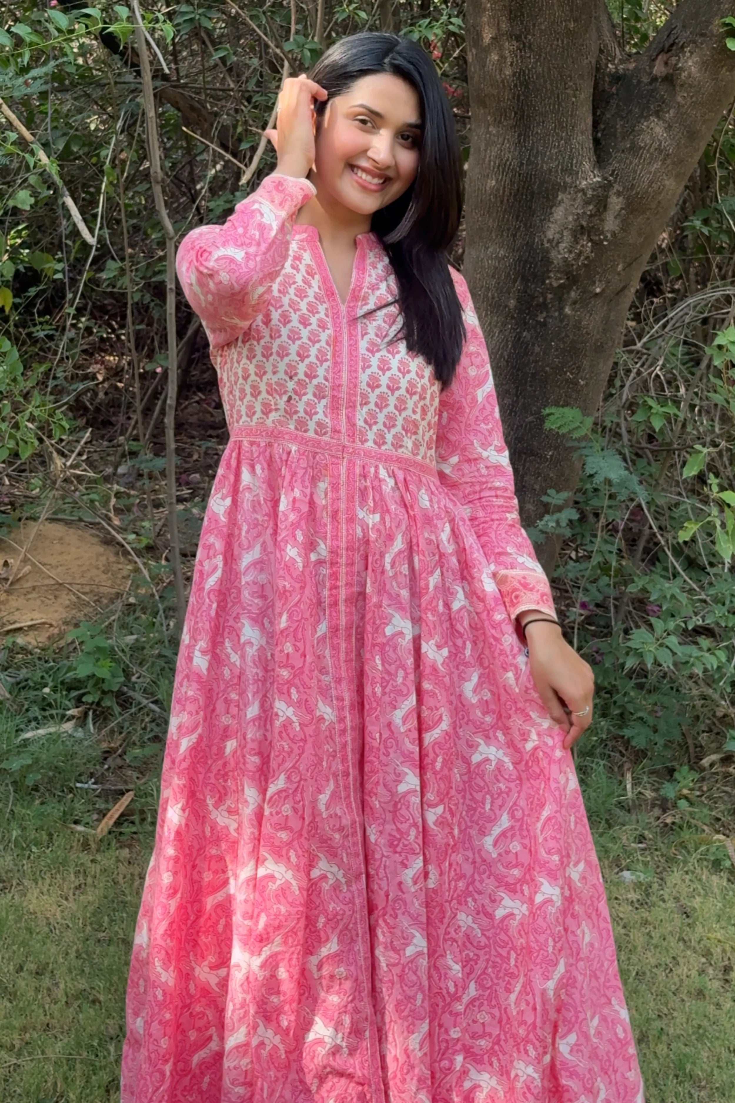 Rose Pink Anarkali Cotton Hand Block Printed Ethnic Maxi Dress