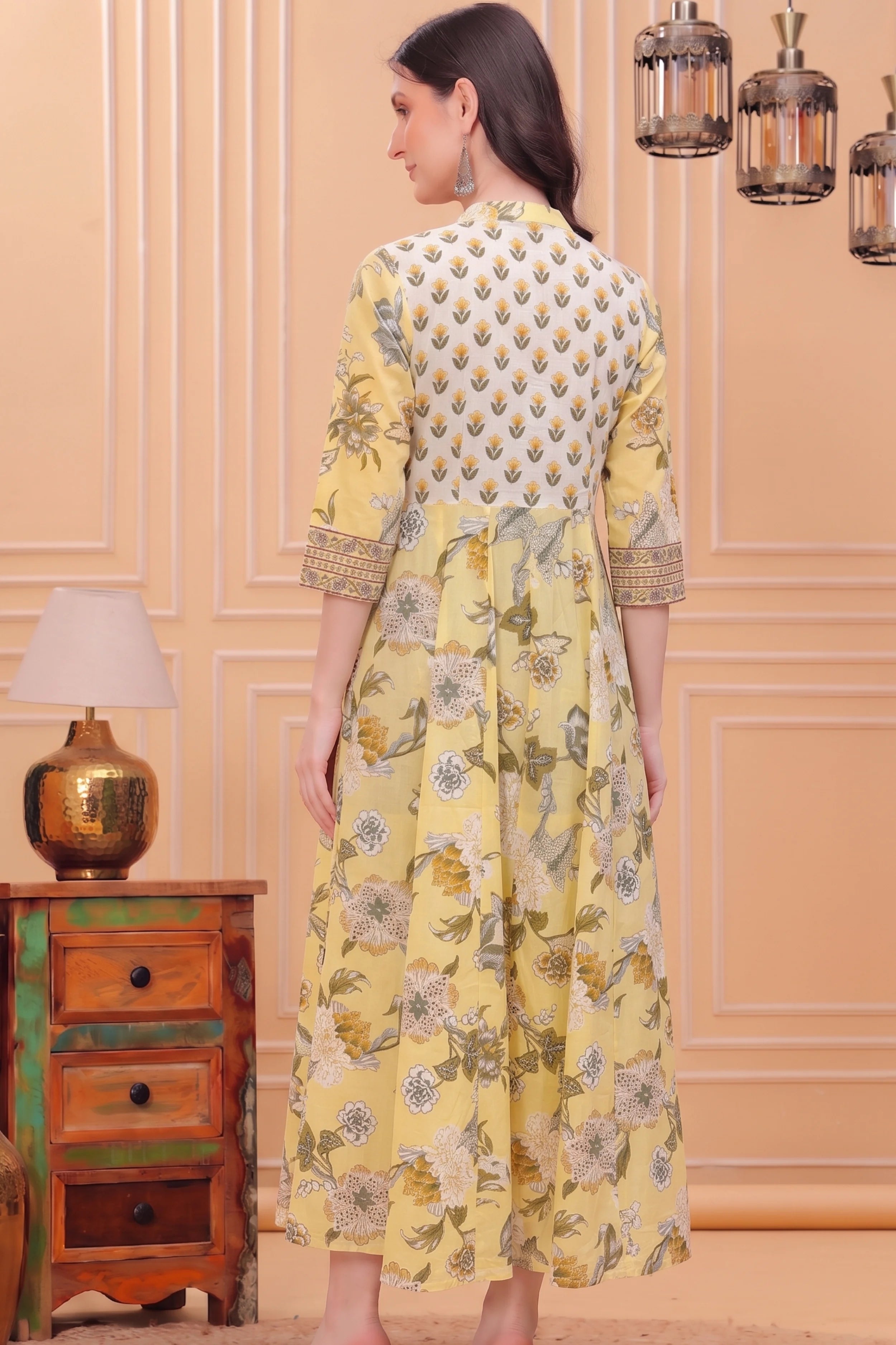 Yellow Floral Hand Printed Anarkali Maxi Dress