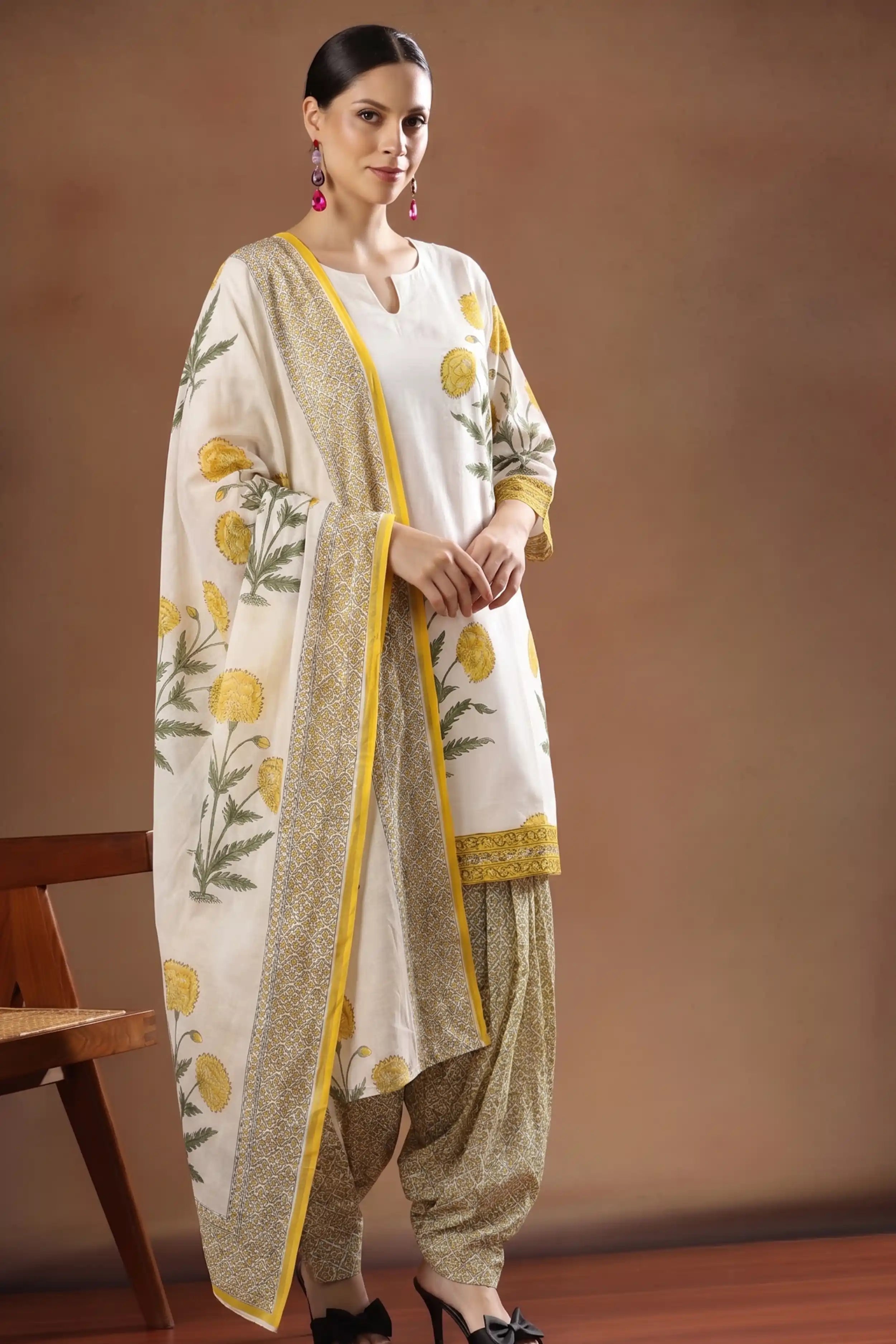 Yellow Blue Floral Print Pure Cotton Farsi Salwar Set With Cotton Dupatta