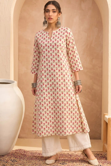 Cream Pink A line kurta With Pocket