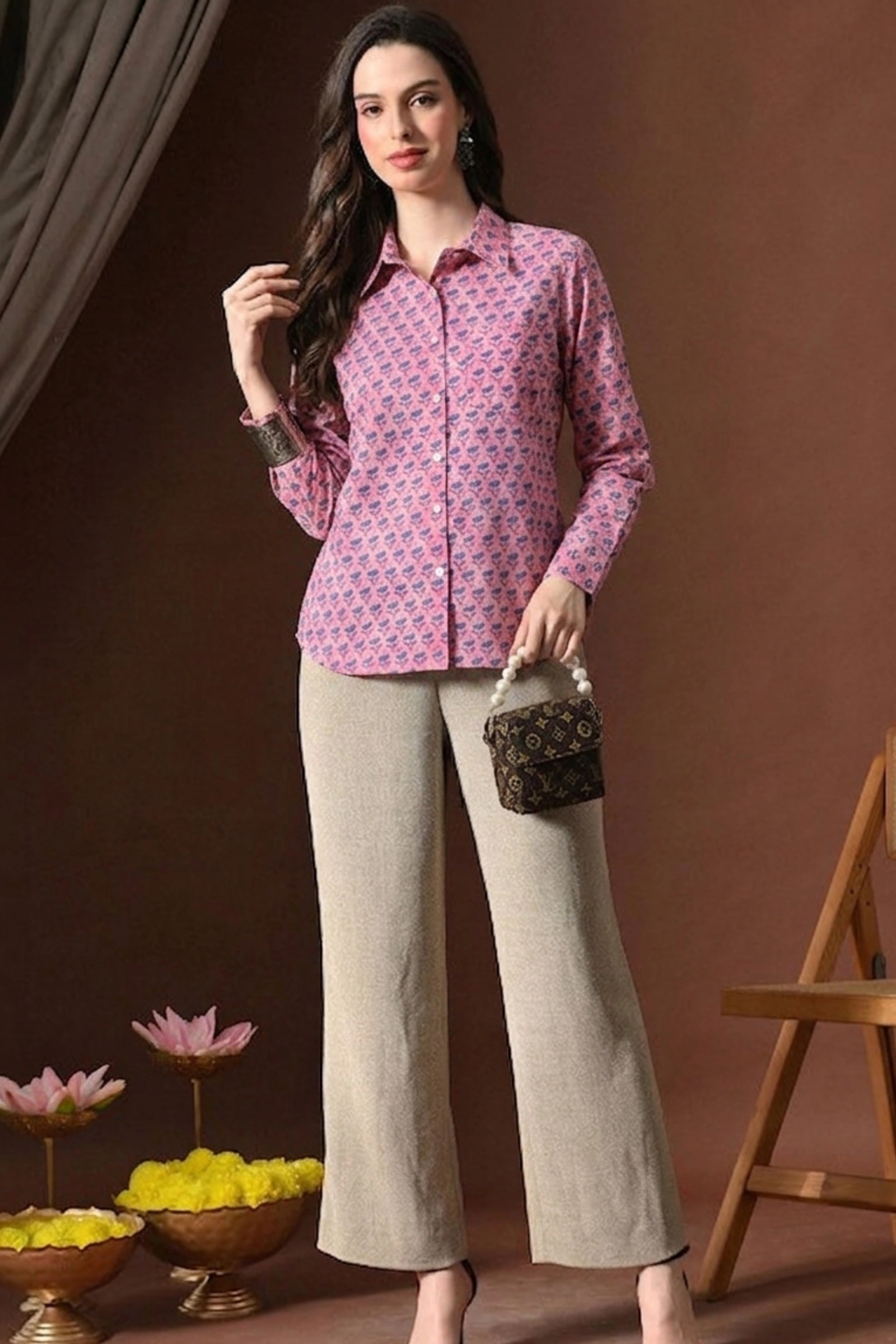 Dusty Rose Hand Block Printed Collared Shirt