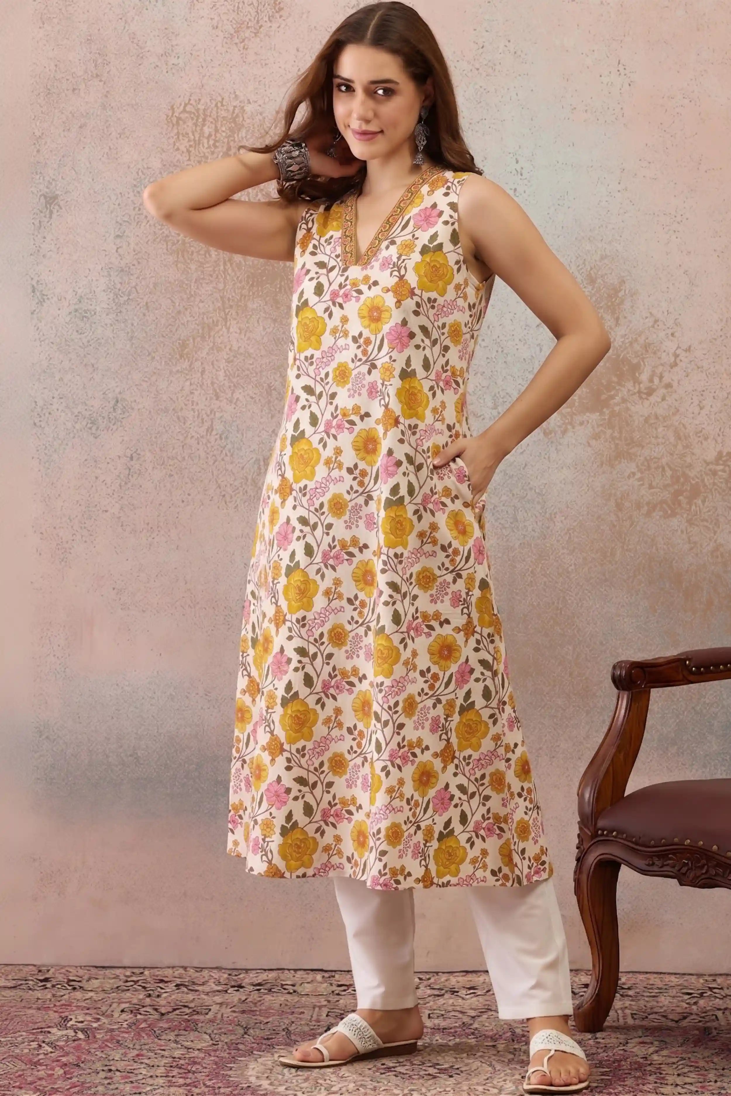 Yellow V-Neck Sleeveless A line kurta With Pocket