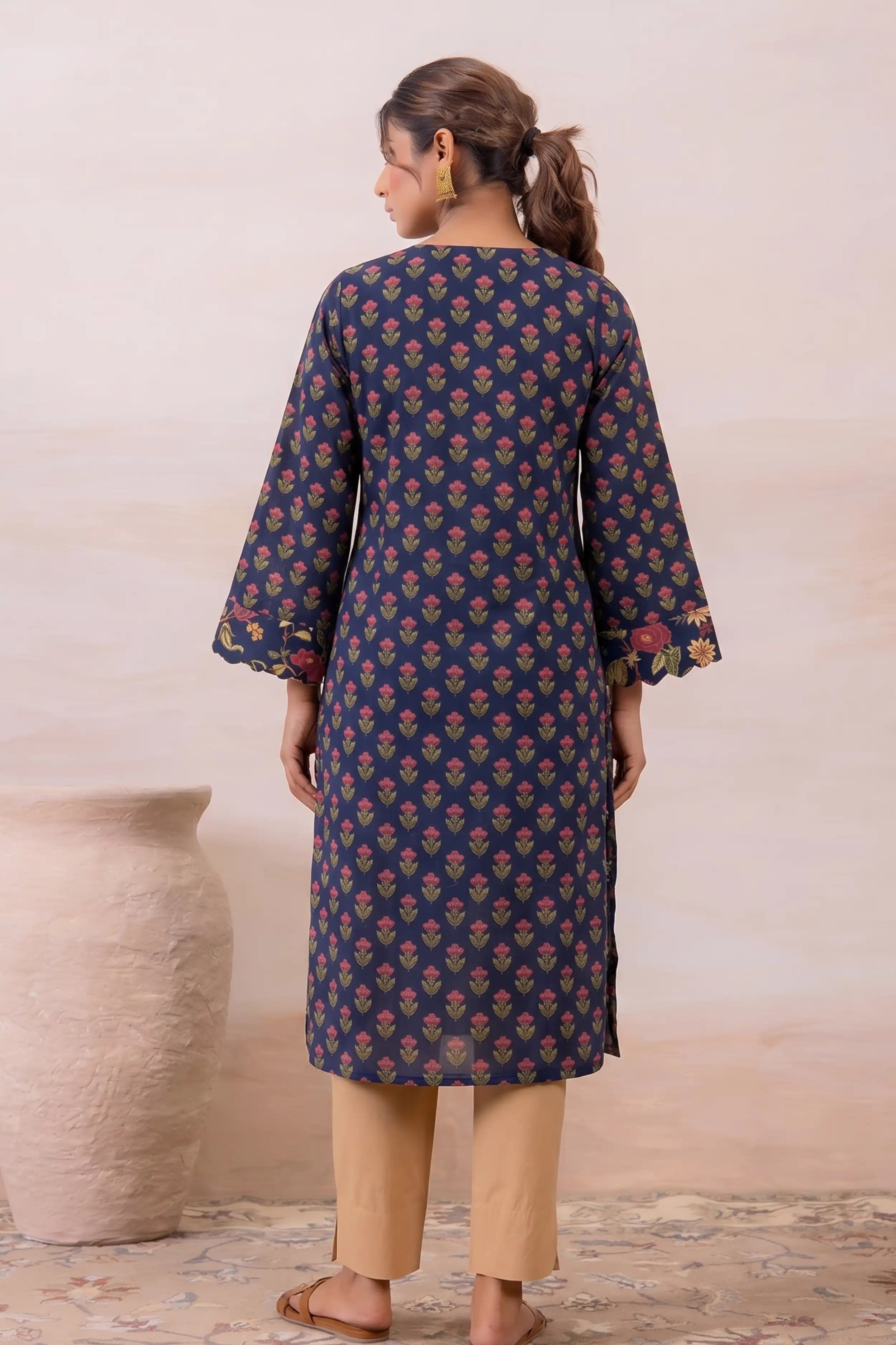 Blue Floral Printed Cotton Straight Kurta