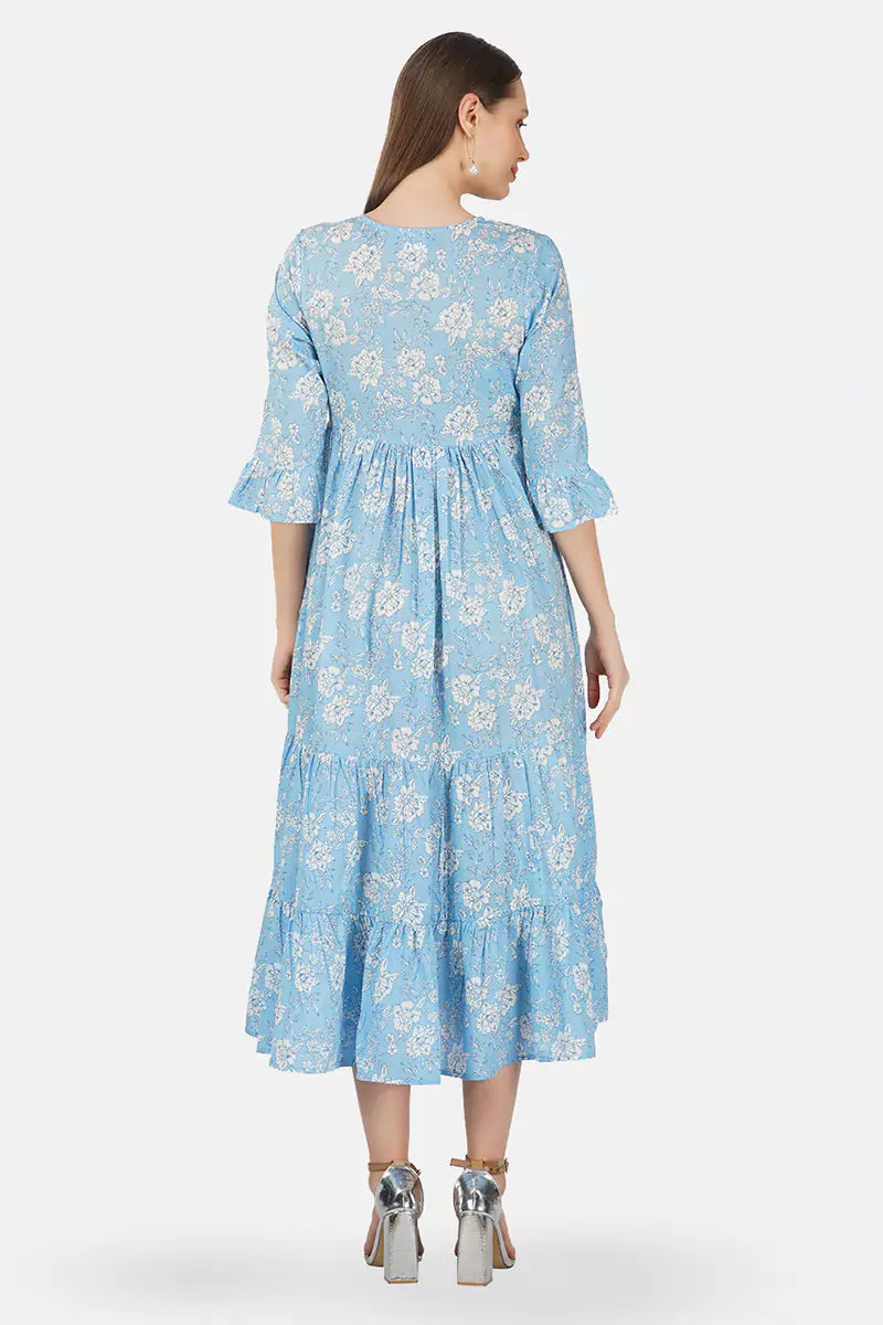 Sky Blue Hand Block printed V-Neck Long Printed Tired Dress With Gather