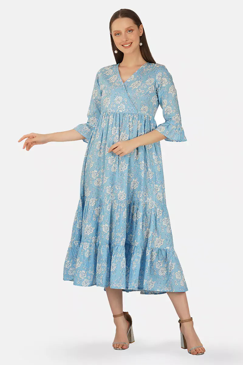 Sky Blue Hand Block printed V-Neck Long Printed Tired Dress With Gather