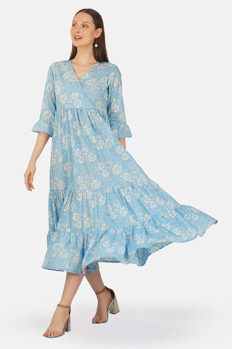 Sky Blue Hand Block printed V-Neck Long Printed Tired Dress With Gather
