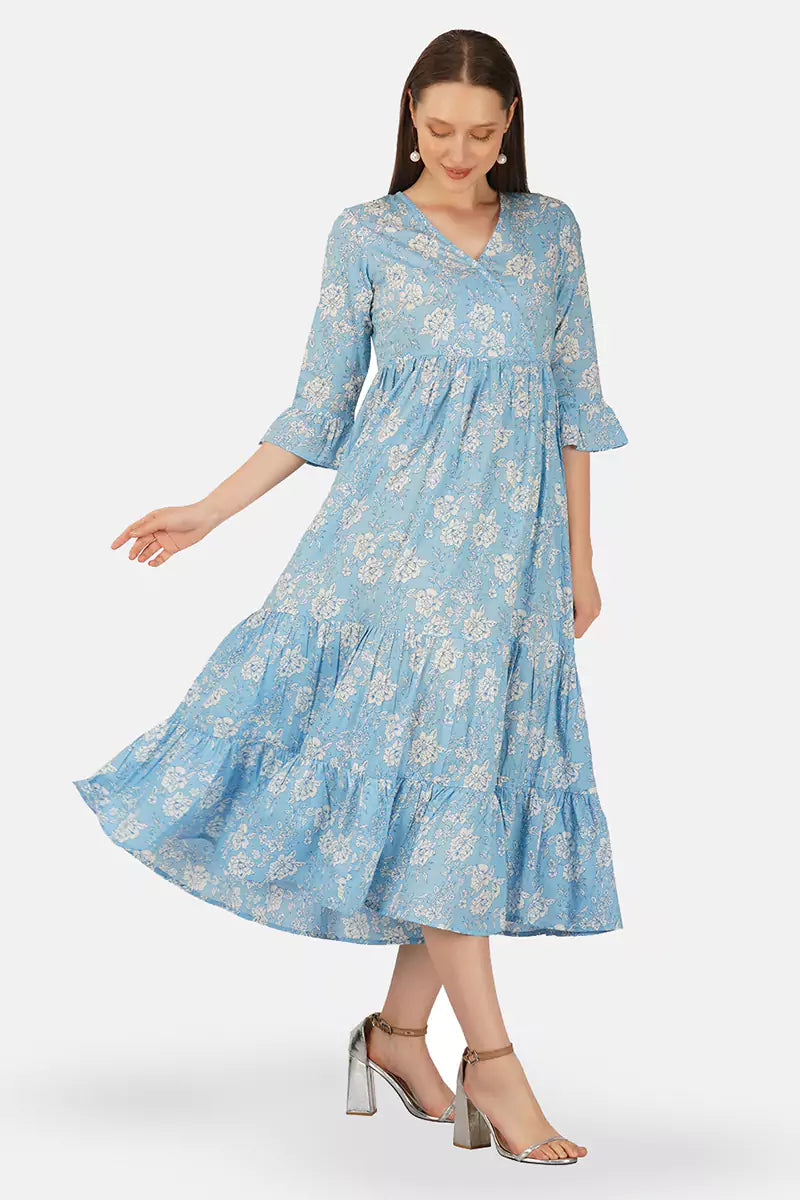 Sky Blue Hand Block printed V-Neck Long Printed Tired Dress With Gather