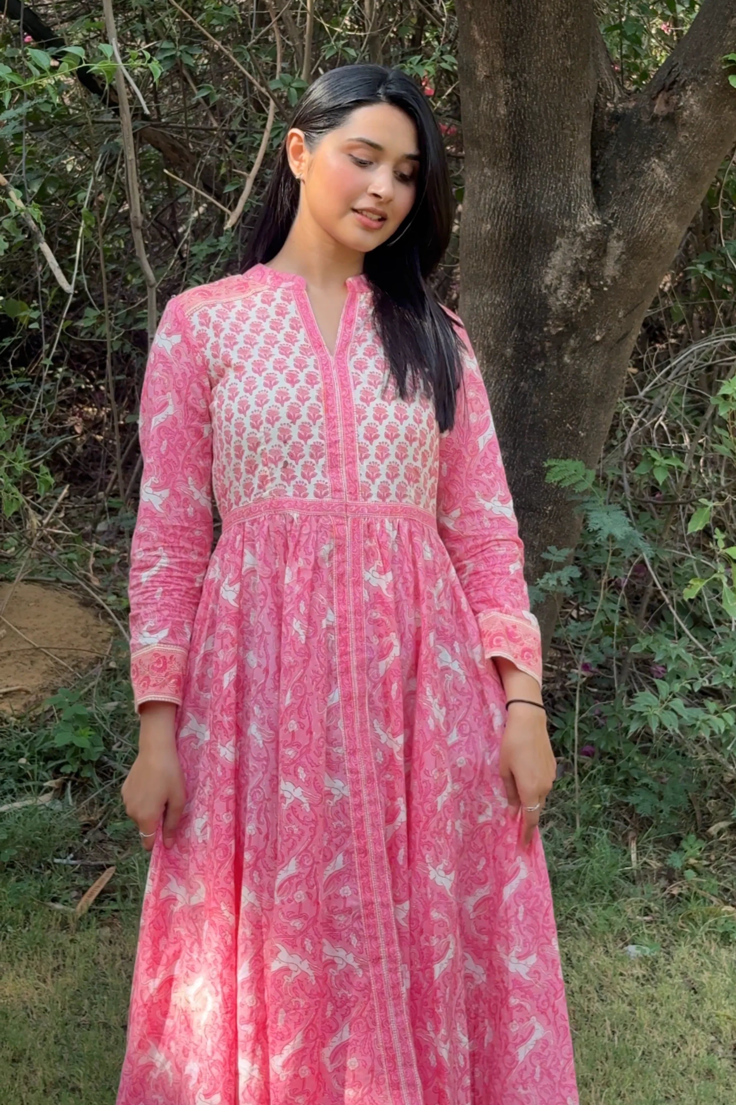 Rose Pink Anarkali Cotton Hand Block Printed Ethnic Maxi Dress