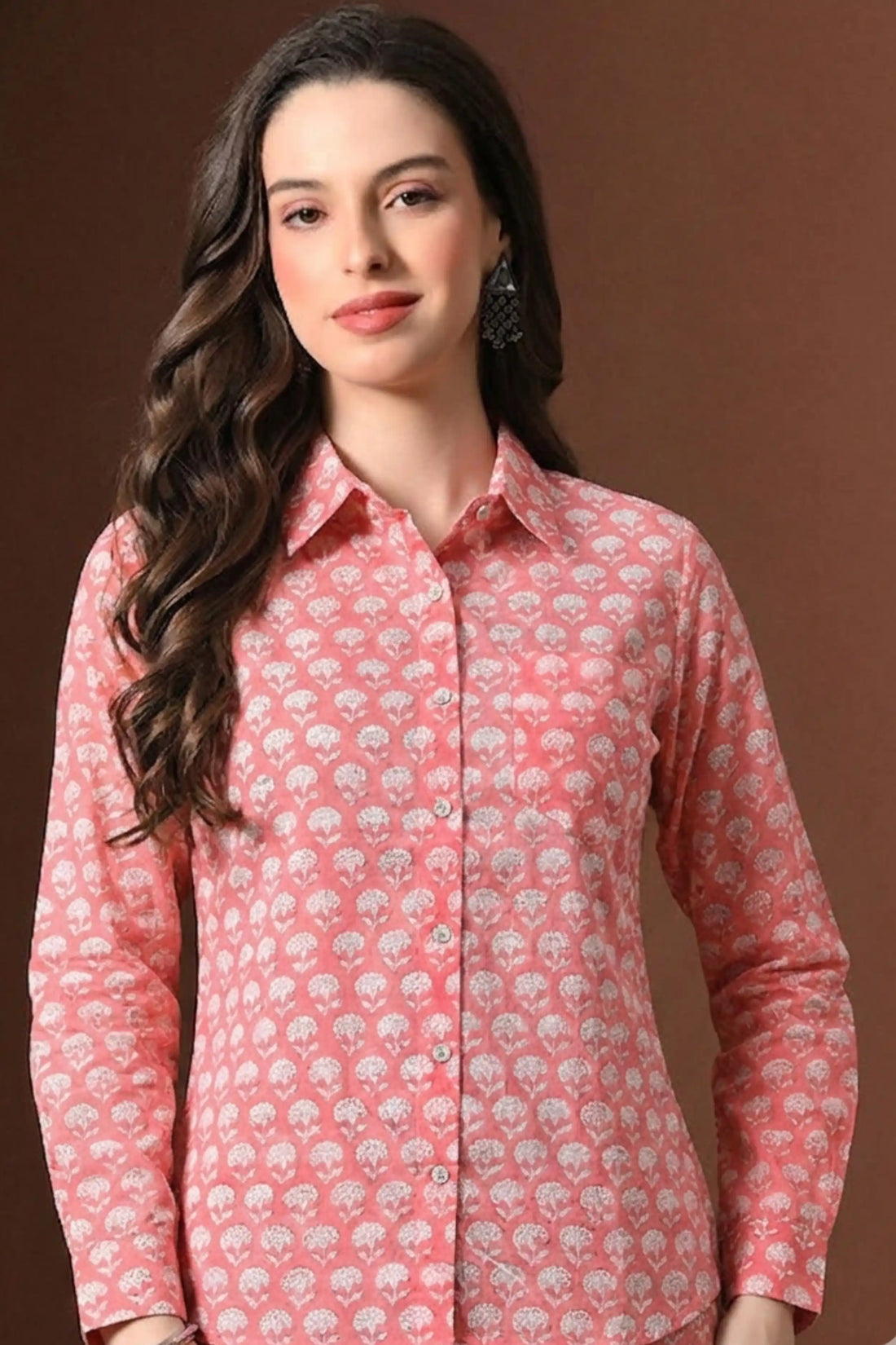 Peach Pink Hand Block Printed Collared Shirt