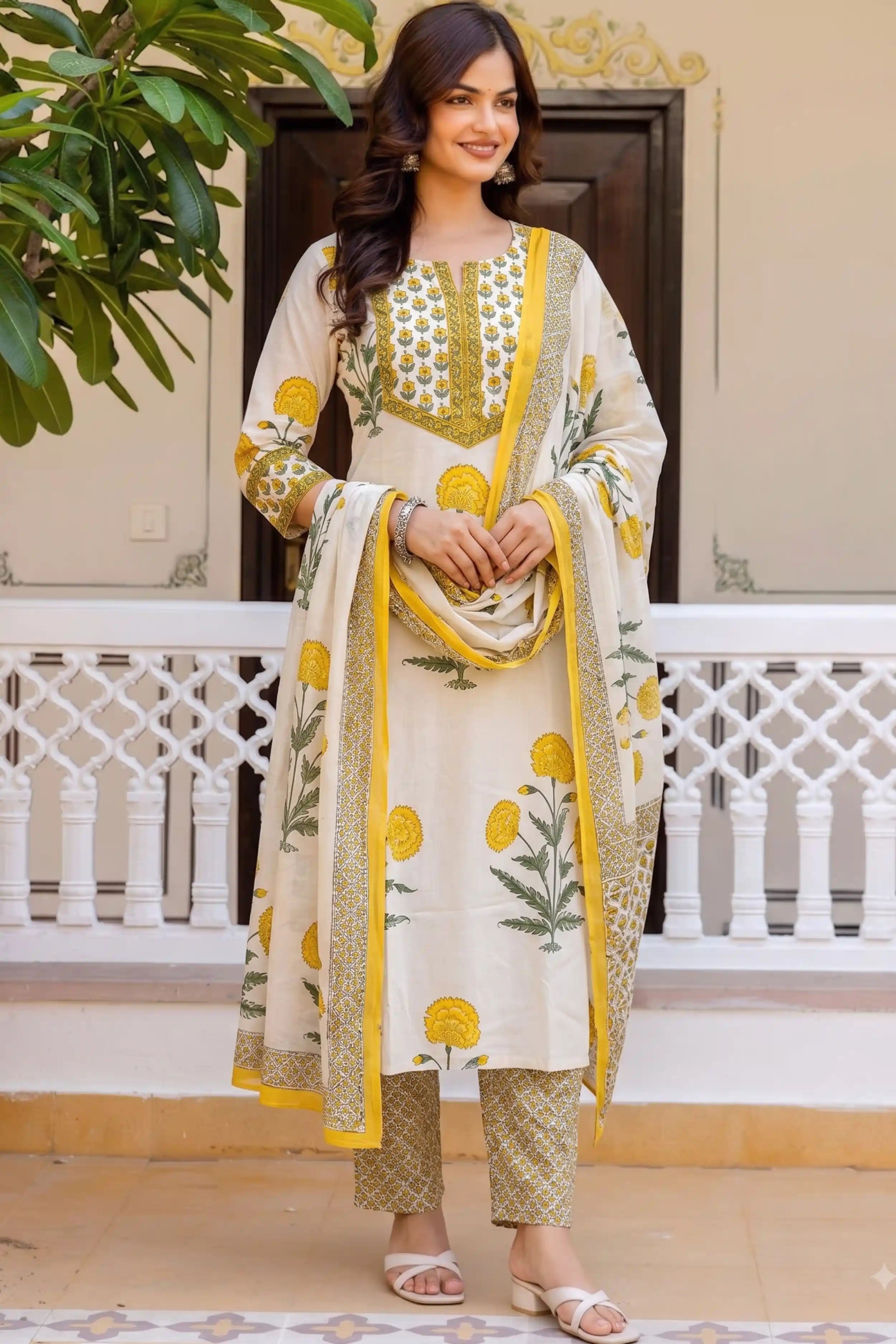 Yellow Straight Kurta Set with Cotton Dupatta