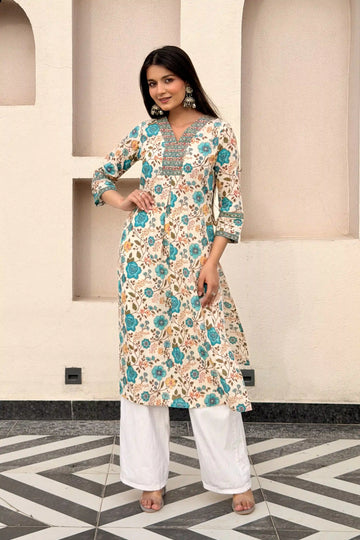 Green Floral V-Neck Hand Printed Straight Kurta