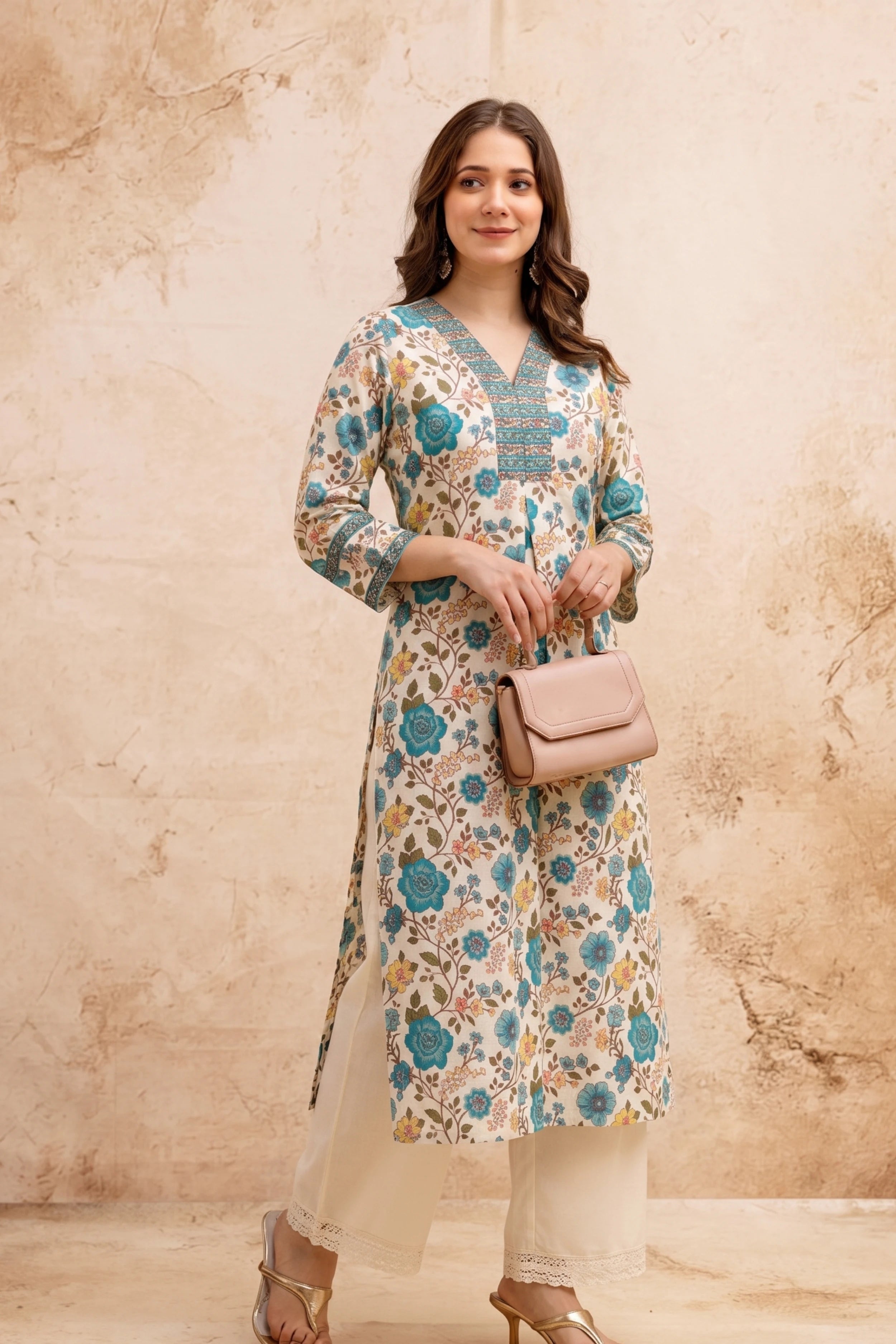 Green Floral V-Neck Hand Printed Straight Kurta