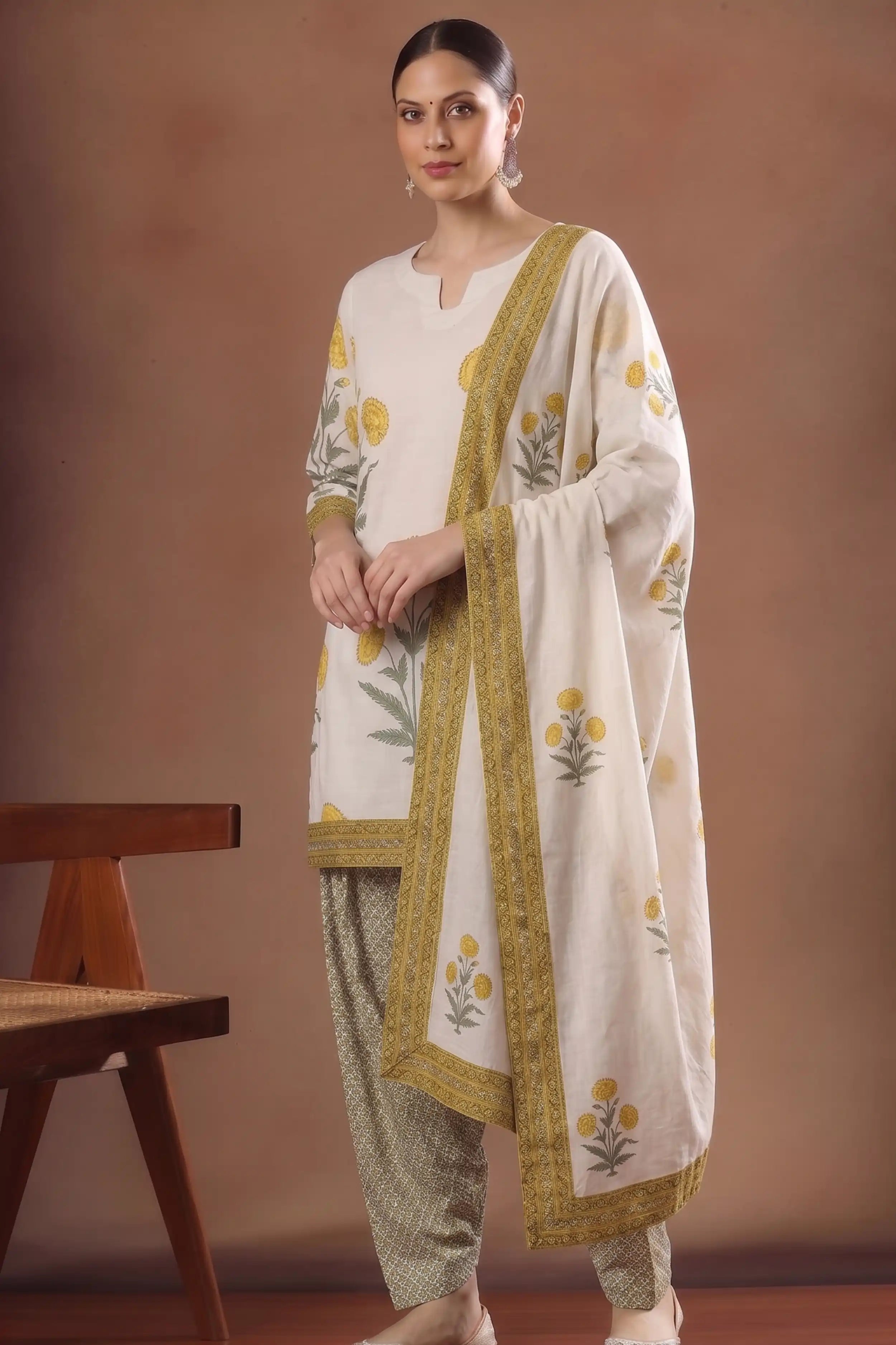 Yellow Blue Floral Print Pure Cotton Farsi Salwar Set With Cotton Dupatta
