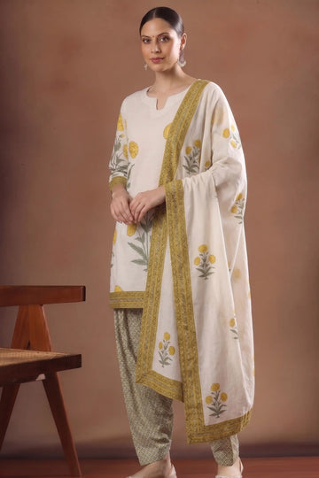 Yellow Blue Floral Print Pure Cotton Farsi Salwar Set With Cotton Dupatta