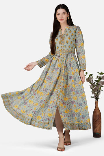 Grey Anarkali Cotton Hand Block Printed Ethnic Maxi Dress