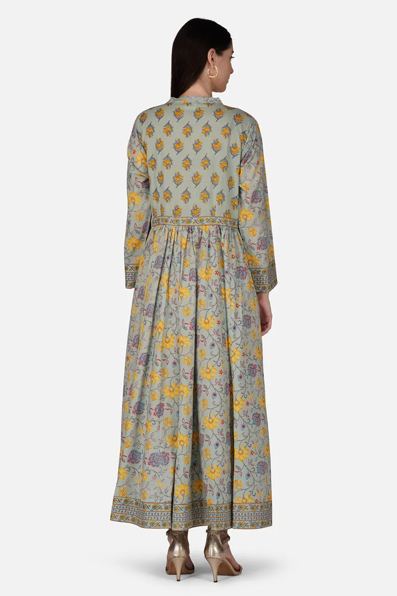 Grey Anarkali Cotton Hand Block Printed Ethnic Maxi Dress
