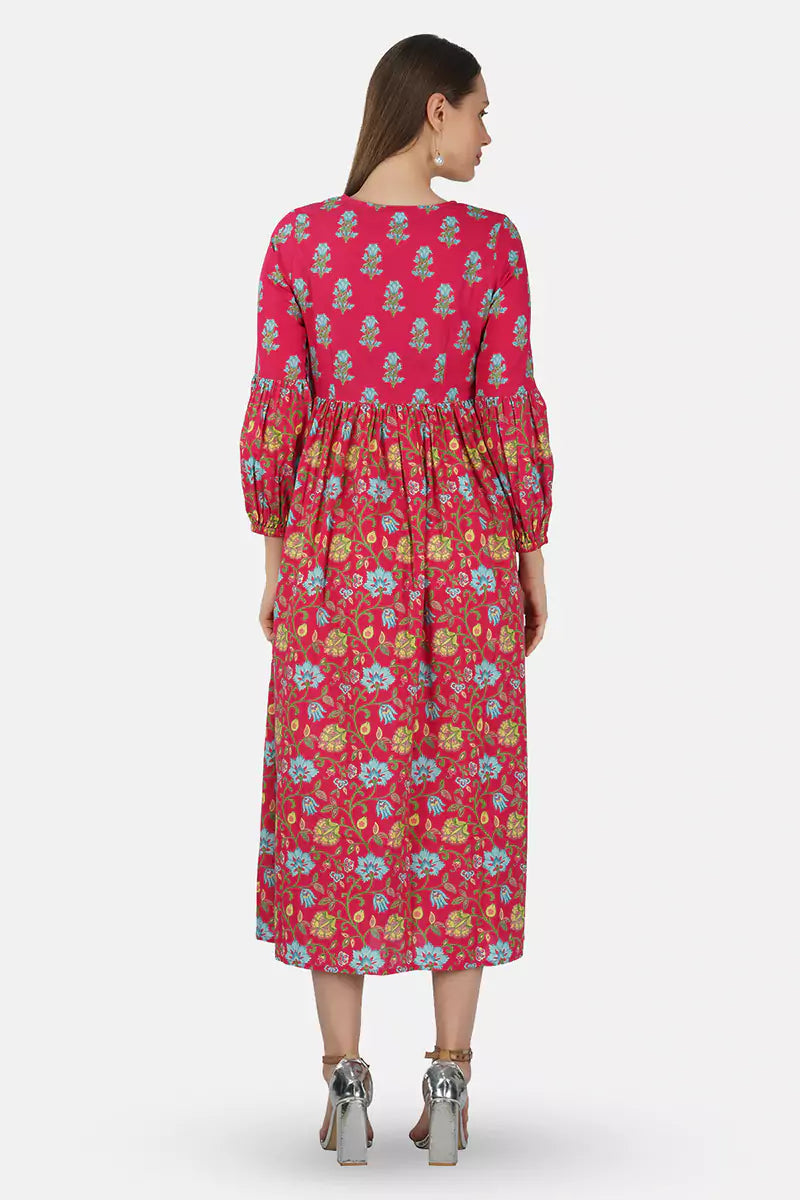 Hot Pink V-Neck Frill Bishop Sleeves Dress