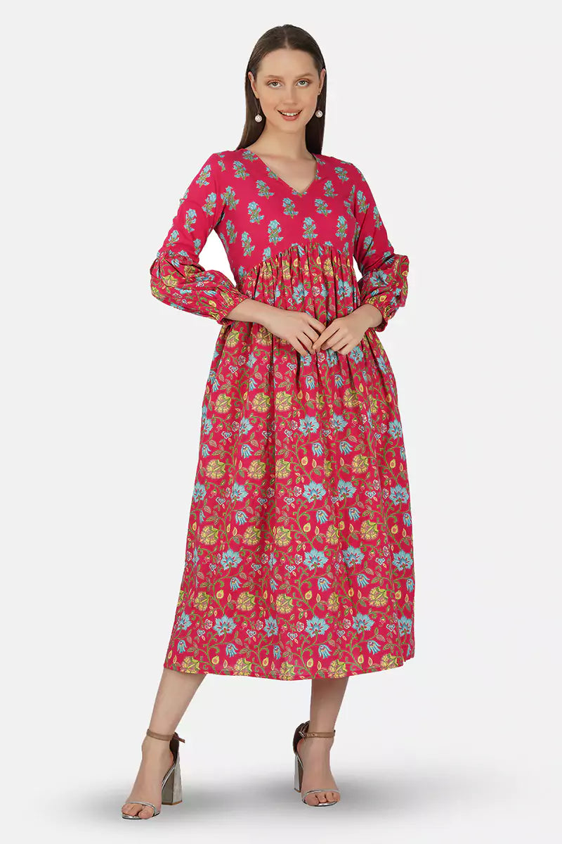 Hot Pink V-Neck Frill Bishop Sleeves Dress