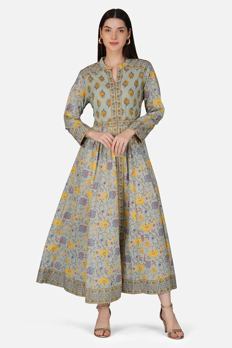 Grey Anarkali Cotton Hand Block Printed Ethnic Maxi Dress
