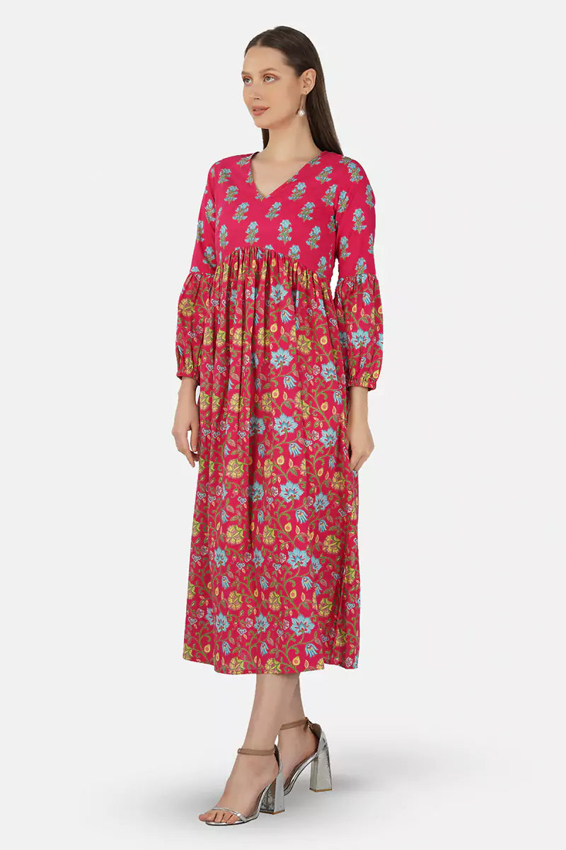 Hot Pink V-Neck Frill Bishop Sleeves Dress