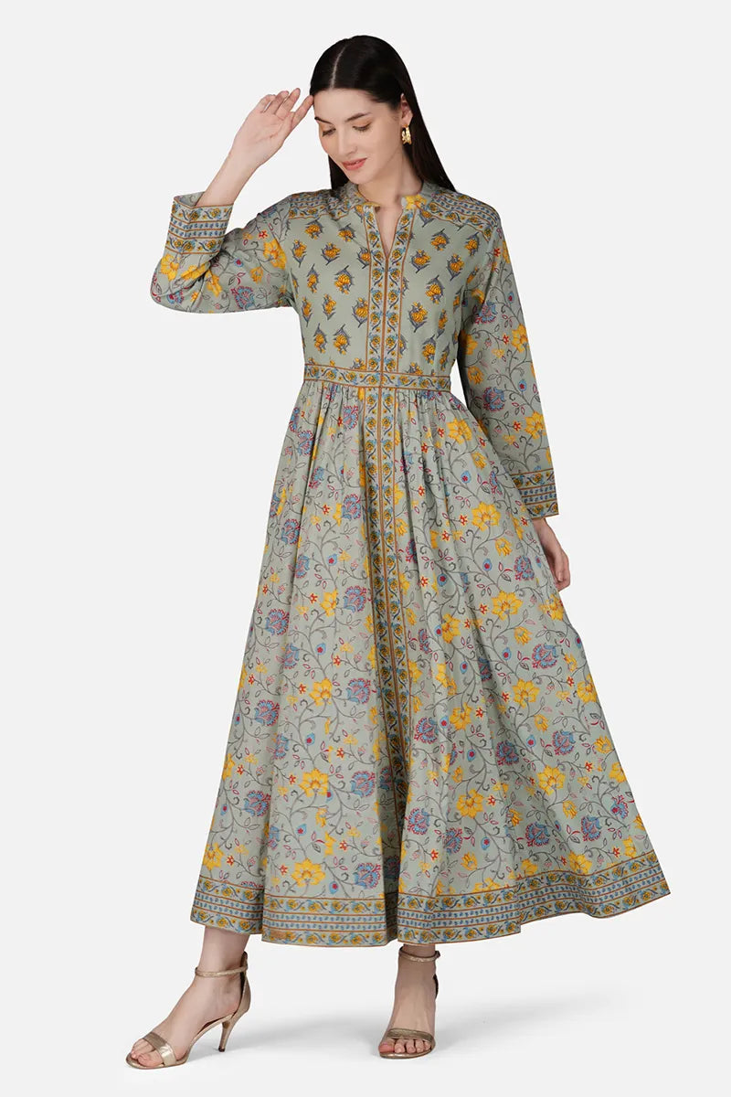 Grey Anarkali Cotton Hand Block Printed Ethnic Maxi Dress