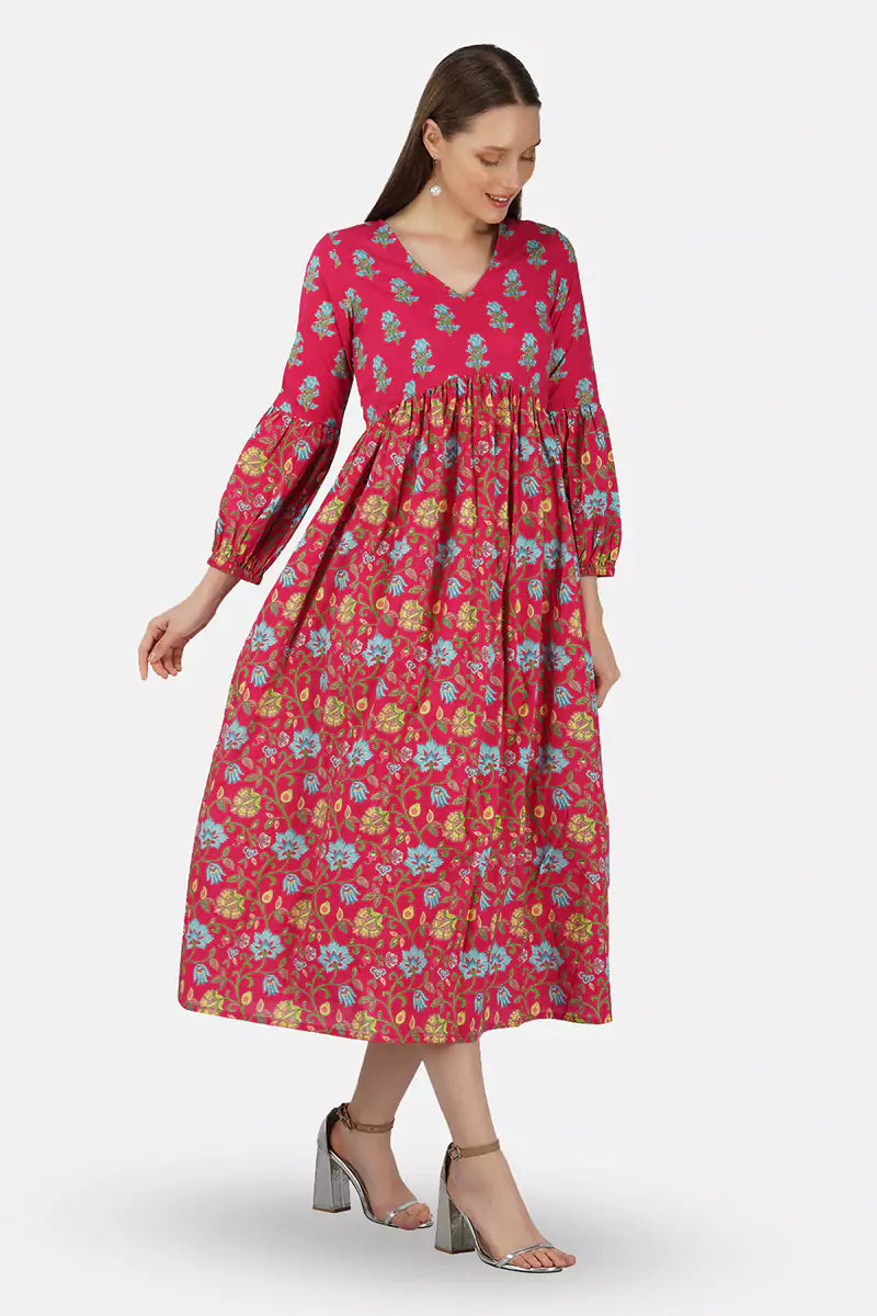 Hot Pink V-Neck Frill Bishop Sleeves Dress