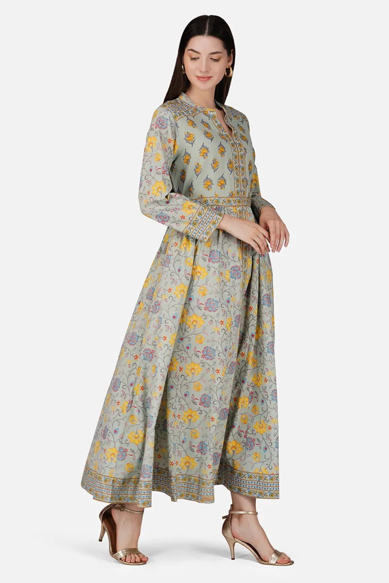 Grey Anarkali Cotton Hand Block Printed Ethnic Maxi Dress