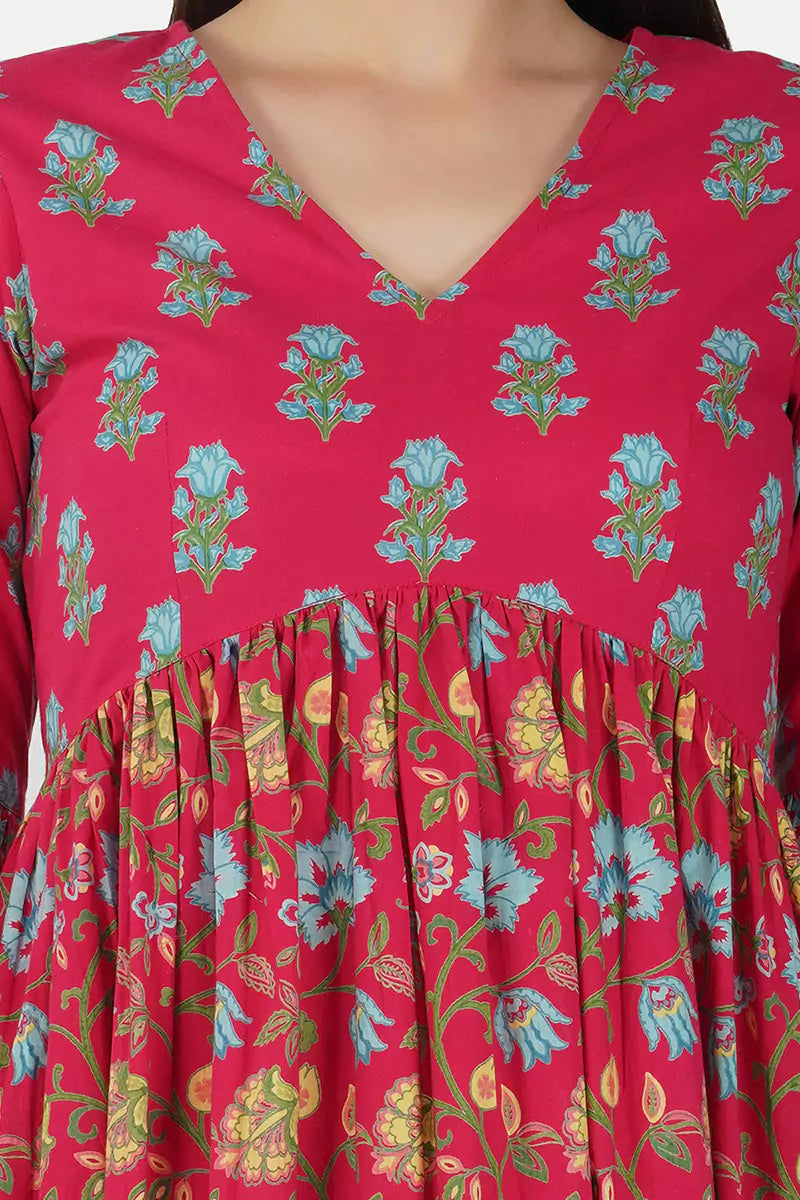 Hot Pink V-Neck Frill Bishop Sleeves Dress