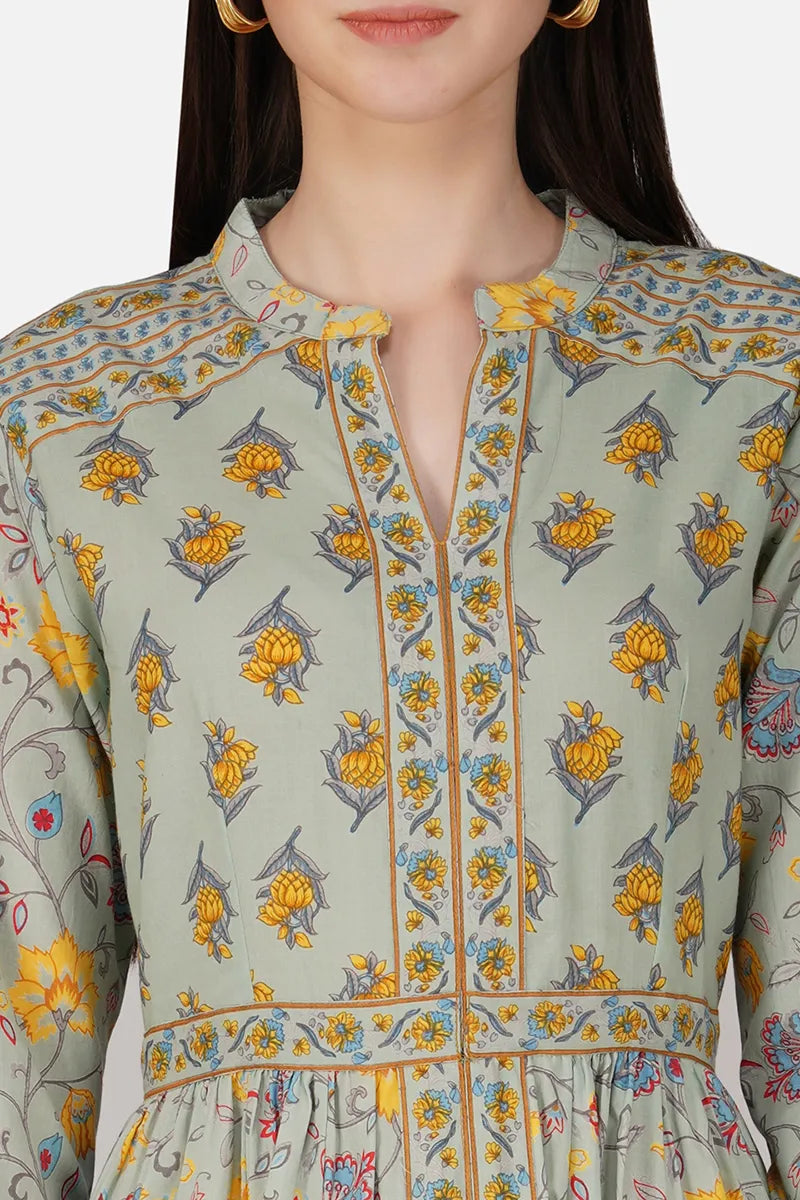 Grey Anarkali Cotton Hand Block Printed Ethnic Maxi Dress