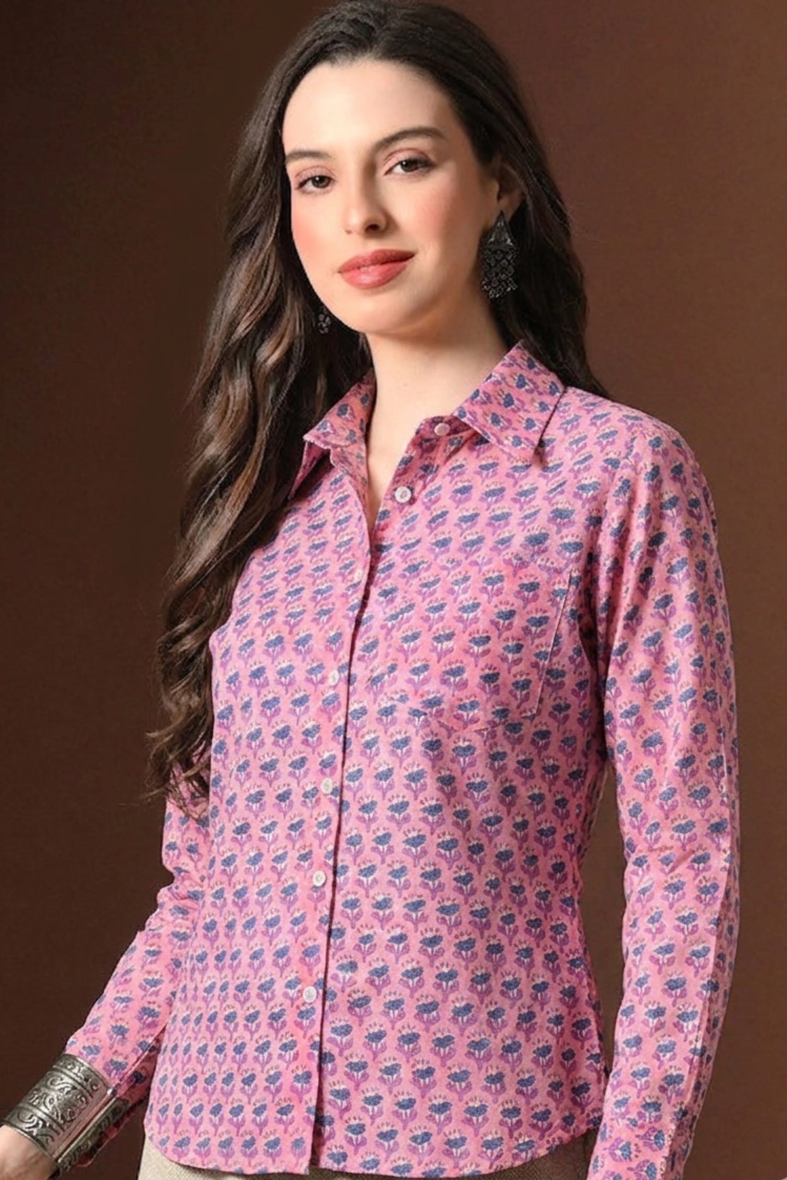 Dusty Rose Hand Block Printed Collared Shirt