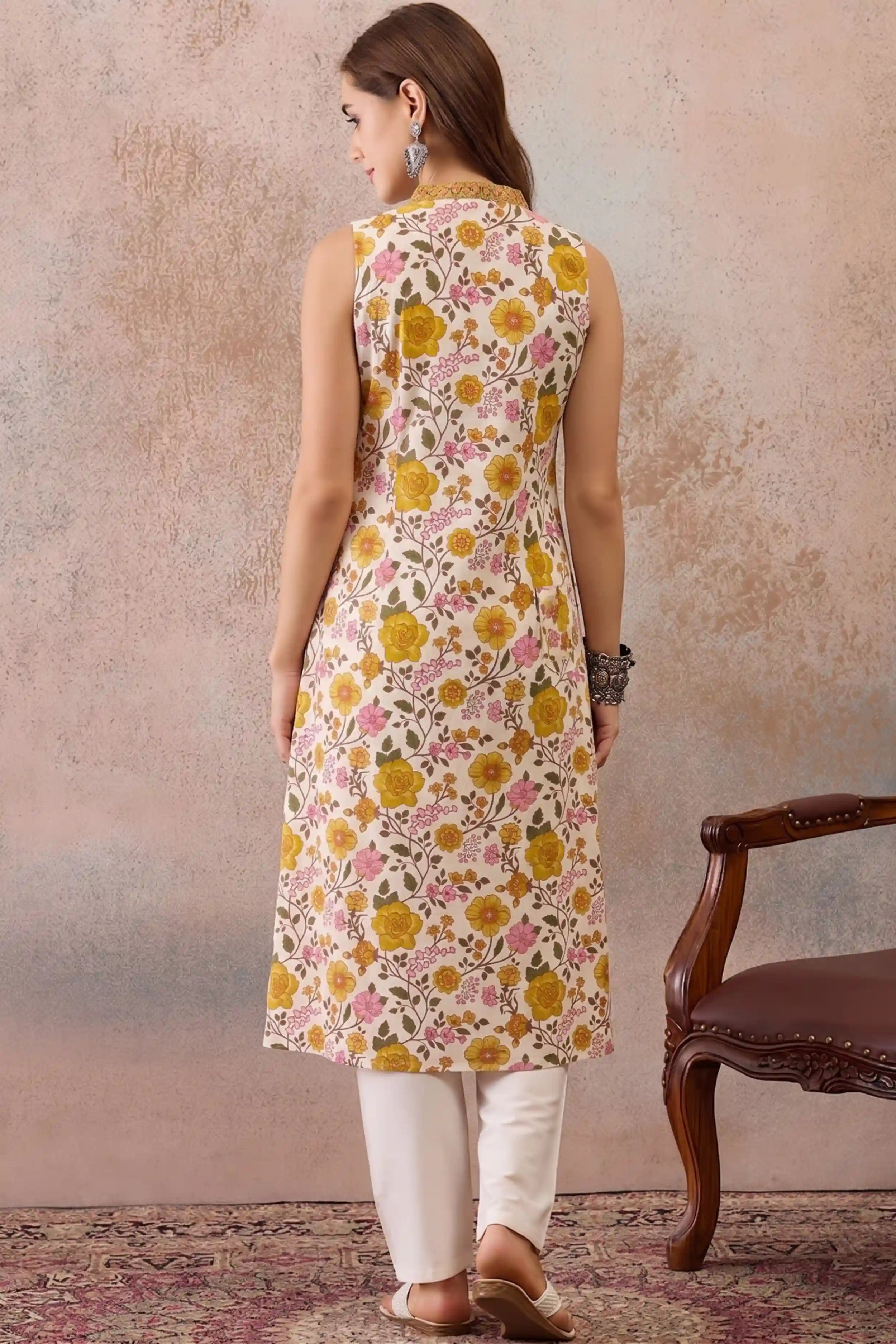 Yellow V-Neck Sleeveless A line kurta With Pocket