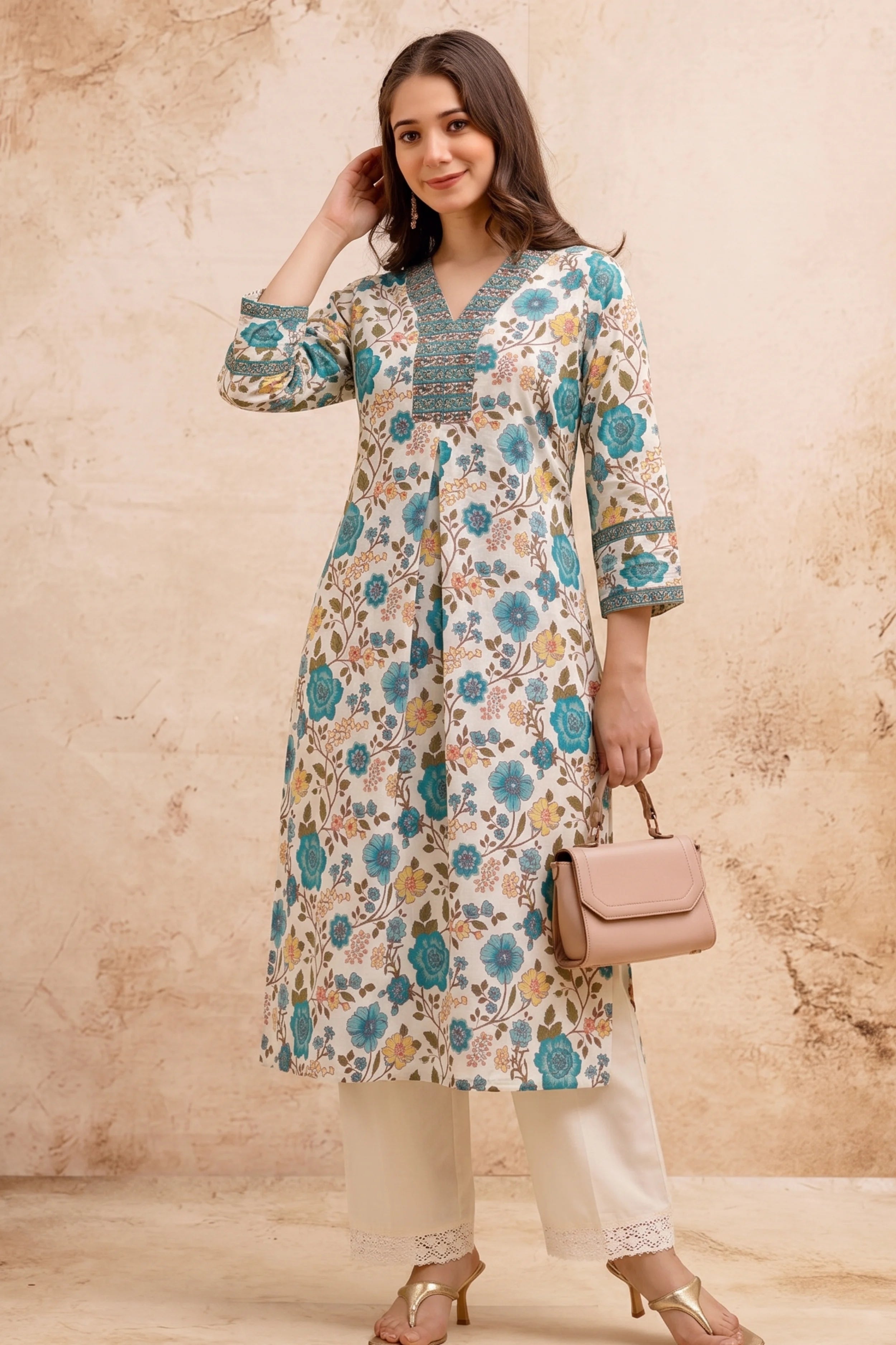 Green Floral V-Neck Hand Printed Straight Kurta