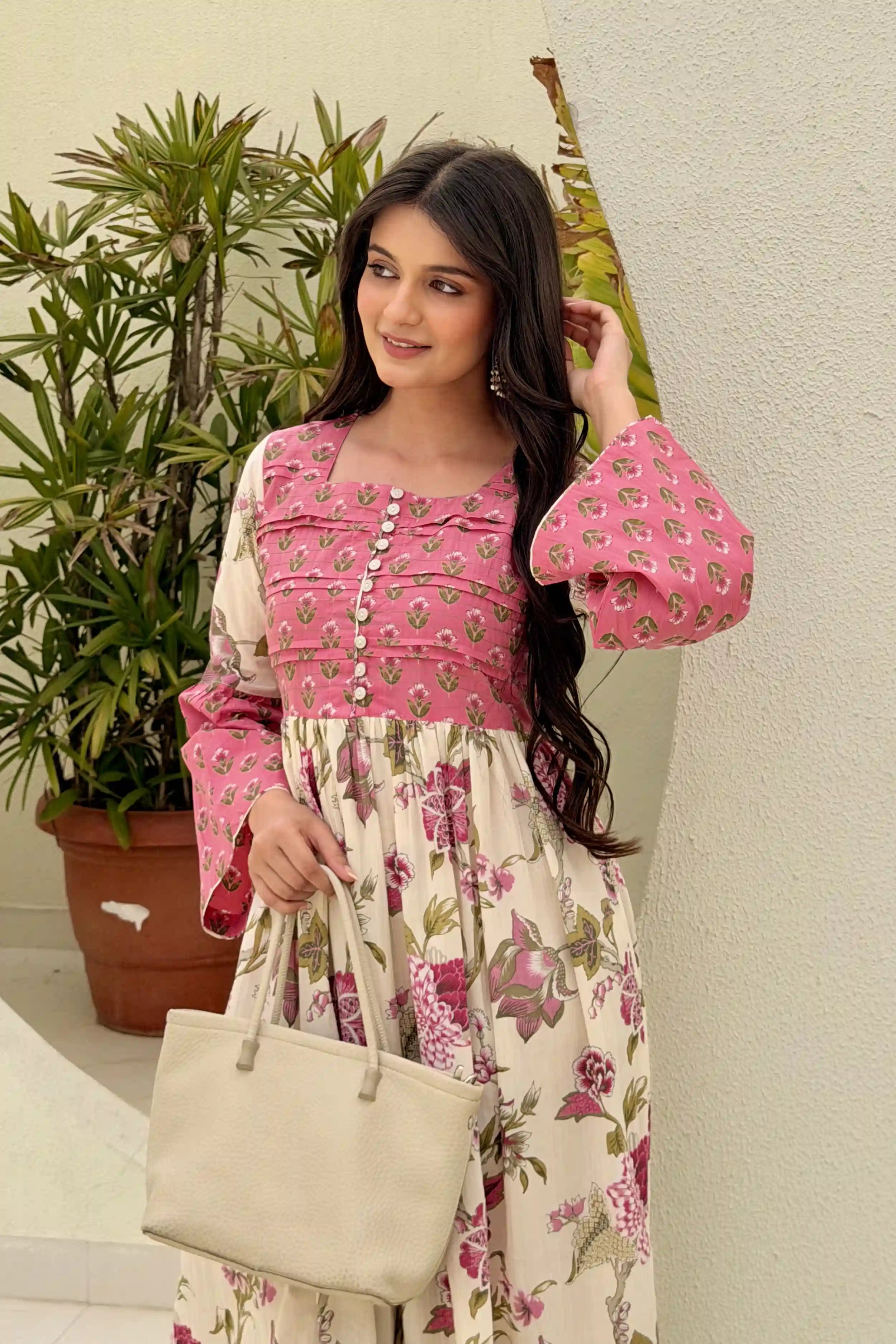 Pink Hand Printed Floral Midi Dress with Square Neck