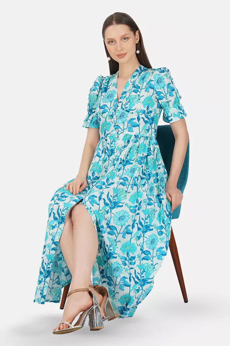 Sky Blue Hand Printed V-Neck Front Open Long Dress With Flarred Hem & Center Slit