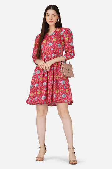 Pink Hand Block Printed V-Neck Mini Cotton Dress.