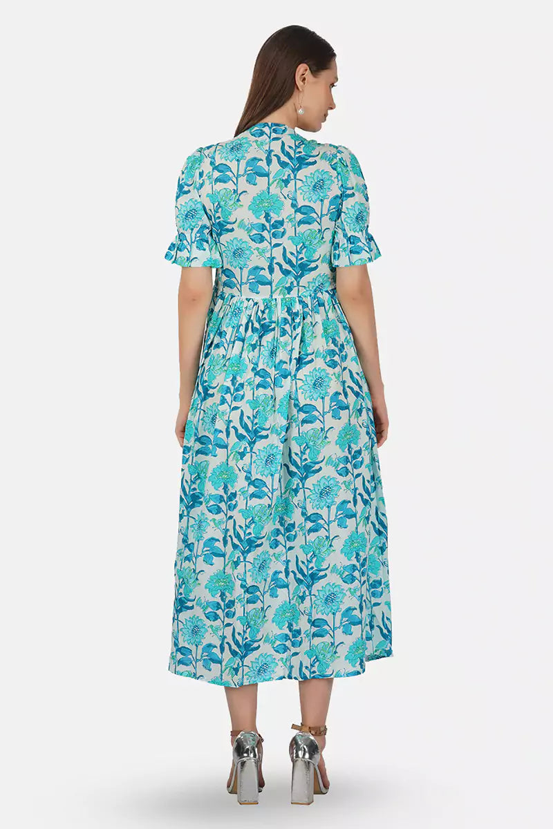 Sky Blue Hand Printed V-Neck Front Open Long Dress With Flarred Hem & Center Slit