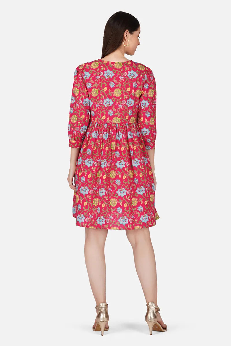 Pink Hand Block Printed V-Neck Mini Cotton Dress.
