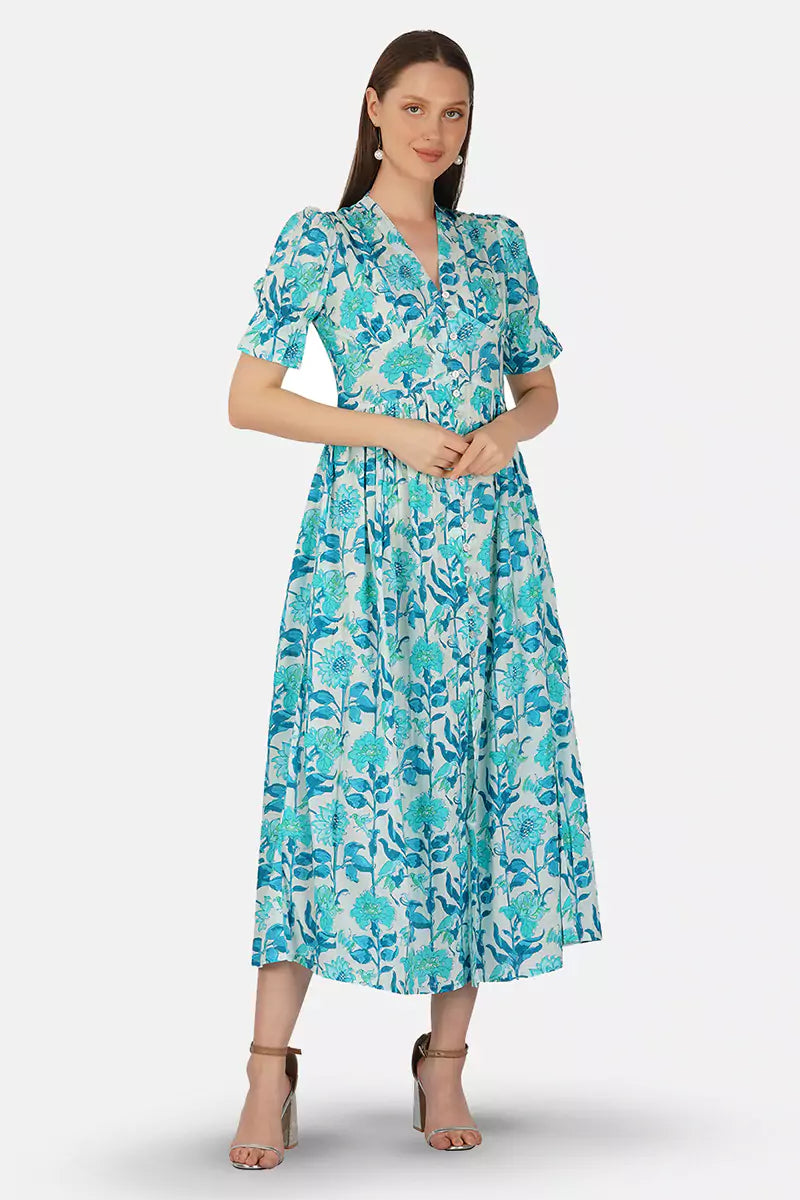 Sky Blue Hand Printed V-Neck Front Open Long Dress With Flarred Hem & Center Slit