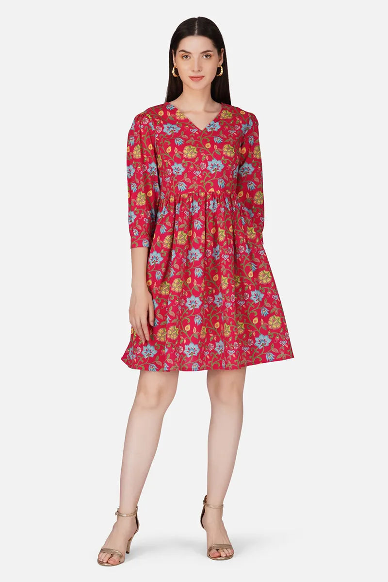 Pink Hand Block Printed V-Neck Mini Cotton Dress.