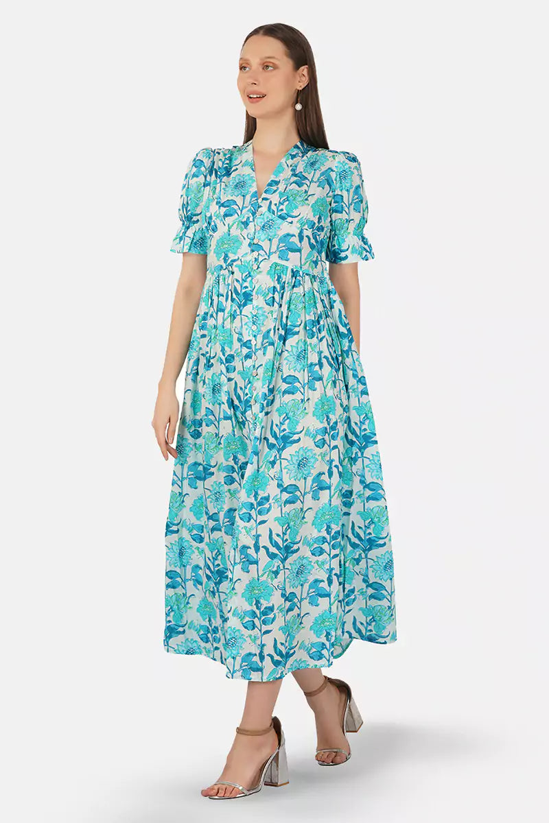 Sky Blue Hand Printed V-Neck Front Open Long Dress With Flarred Hem & Center Slit