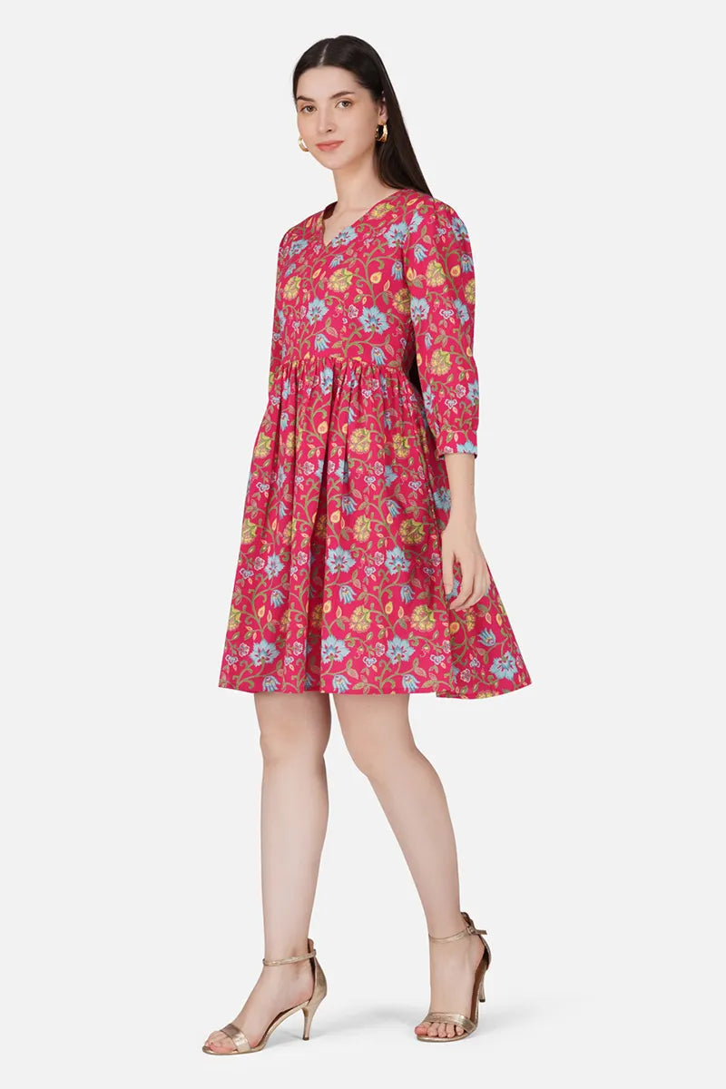 Pink Hand Block Printed V-Neck Mini Cotton Dress.